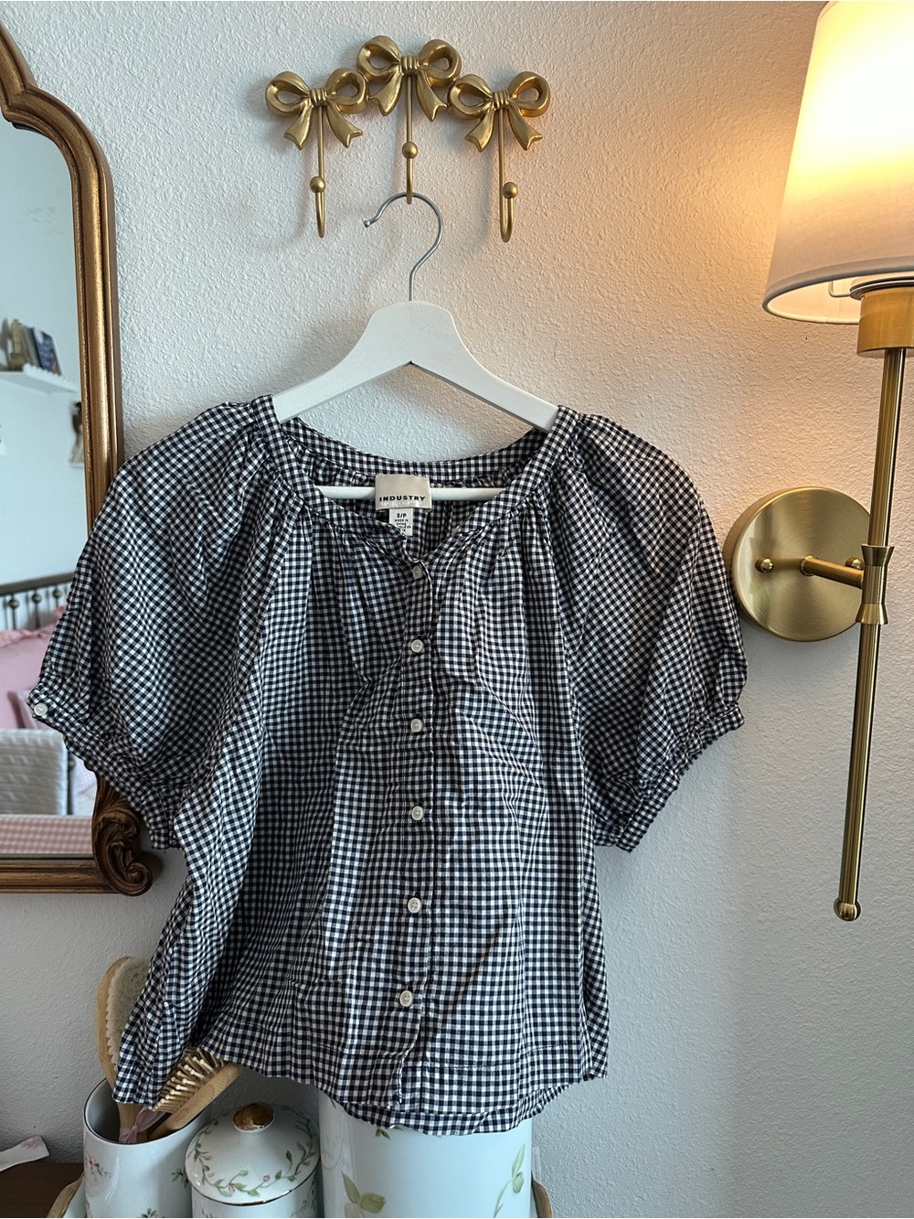 Industry Gingham Button-Front Puff Sleeve Blouse- Black & White